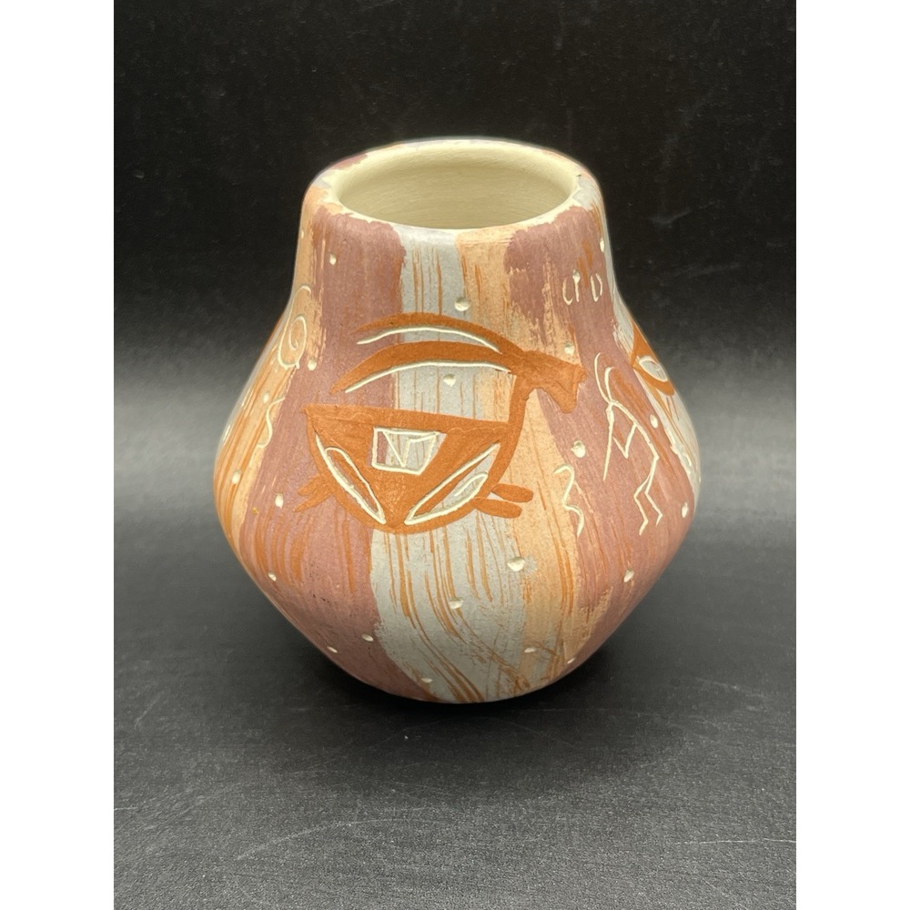 Signed Mini Southwest American Indian-Inspired Vase 3" Art Pottery Petroglyphs